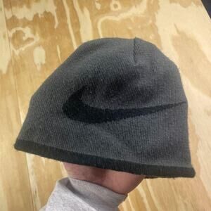 Vintage Y2K Nike Beanie Hat – Grey/Black – Large Swoosh – One Size